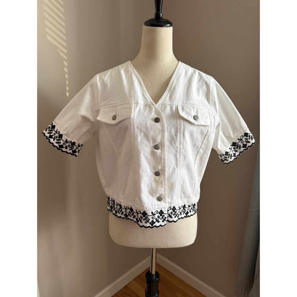 Vintage White Denim Eyelet Trim Cropped Jacket Top – Size Large‎